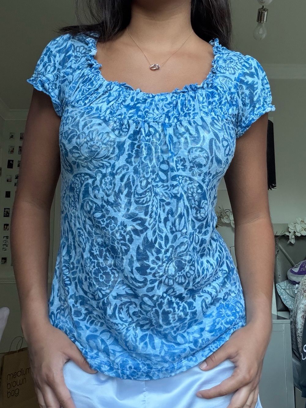 INC International Concepts Blue Floral Short Sleeve Blouse
